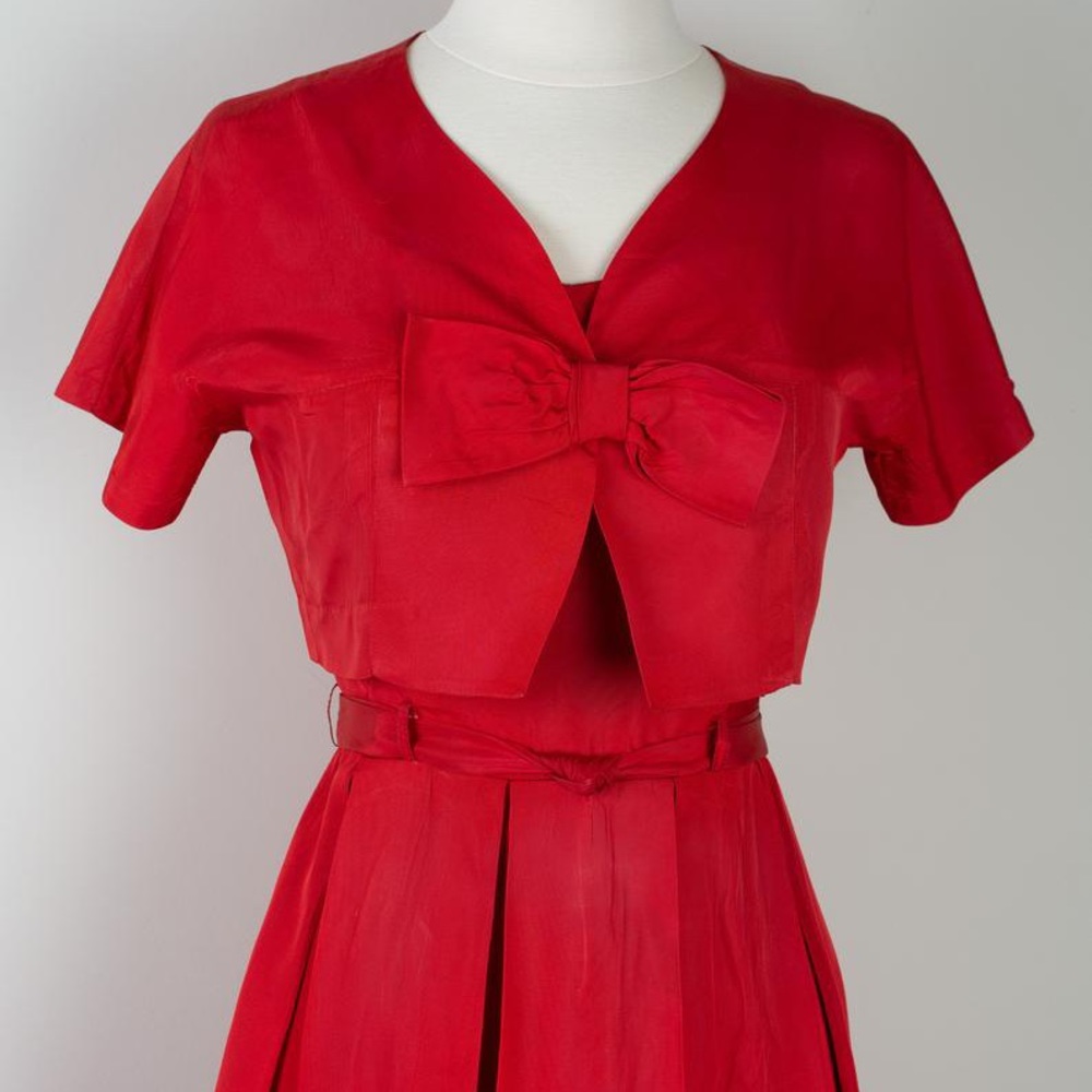Vintage 1950s Red Taffeta Bow Dress with Bolero